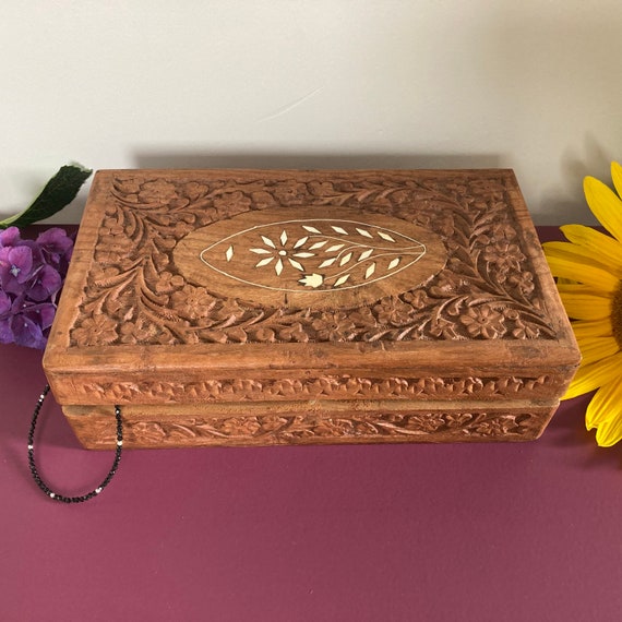 Large Vintage Jewelry Box Carved Wood Etsy