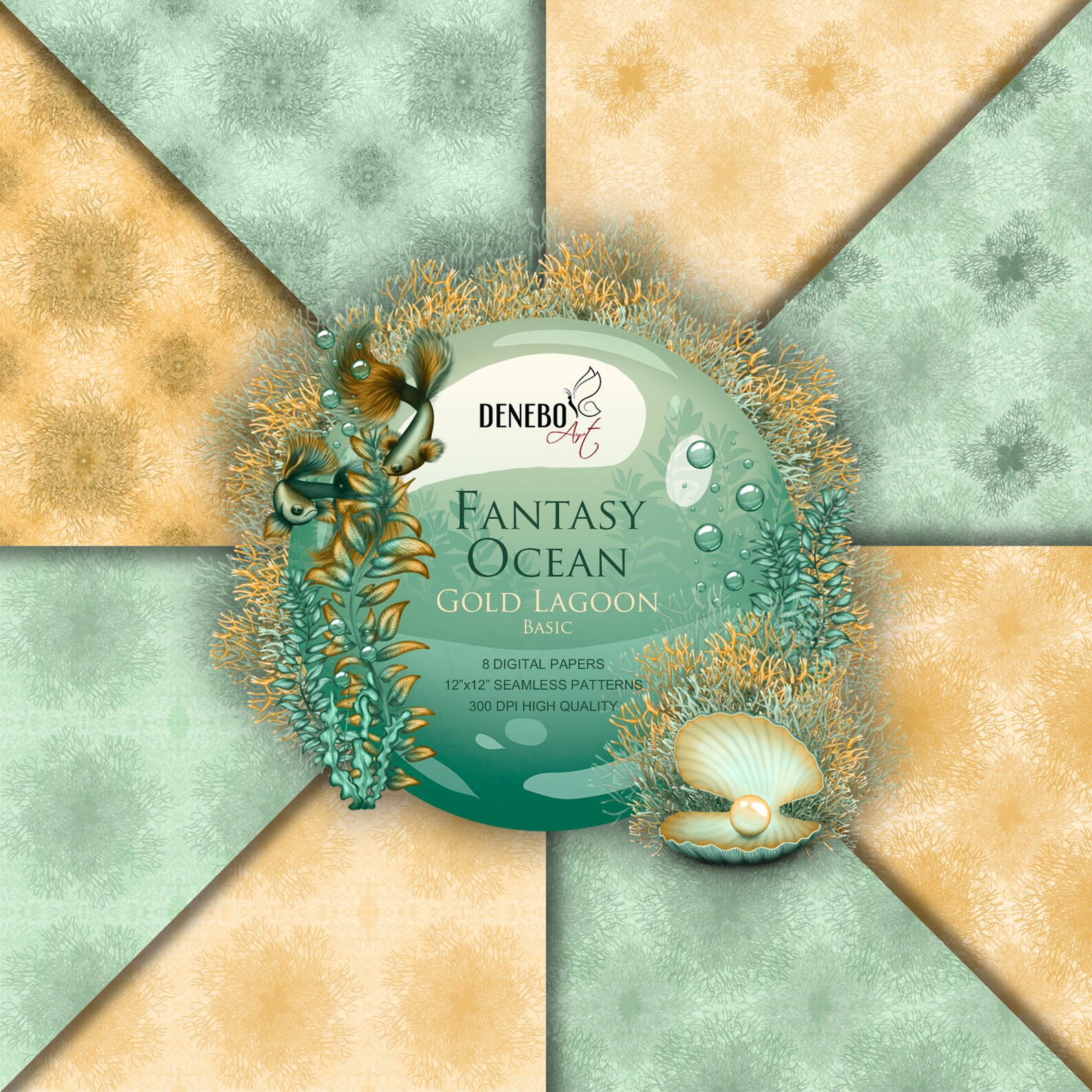 Gold and Blue Digital Papers Flower Papers Fairy Tale Patterns Seamless