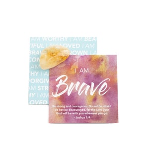 Joia de afirmação BRAVE – Cartões de afirmação bíblica com token de bolso de pedra de cristal, Tenha coragem, presente de incentivo cristão, Citrino