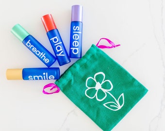 Kid At Heart Roller bottle set - Recipe Card, breathe, play, sleep, smile, essential oil rollers, diy for kids, kid roller bottles for eos