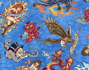 Easy Rider Tattoo Toss Skulls Flames Dice &quot;Live to Ride&quot; on Blue Background Dan Morris QT Fabric - Sold by the 1/2 Yard -