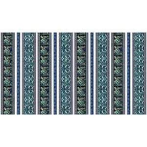 May include: A repeating pattern of blue, green, and white stripes with a stylized floral design. The pattern is repeated across the fabric.