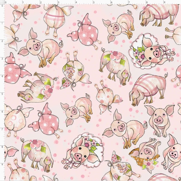 Loralie Tossed Pink Pig Fabric on pink background by the 1/2 yard - NEW!