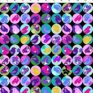 May include: A black fabric featuring a repeating pattern of colorful circles, each containing a stylized bird in shades of yellow, pink, purple, blue, and green. Some circles include small flower accents. A ruler at the top shows 11 inches.