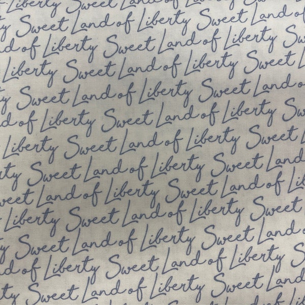 Patriotic fabric - Land that I love - Sweet Land of Liberty Blue gray Script on white - Michael Miller fabric - by the 1/2 yard -