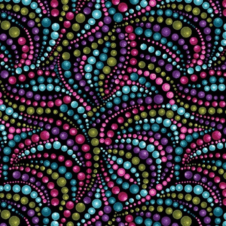 Benartex Cat-I-Tude Cat Fabric Multi Color Bead Swirls on Black Backg…