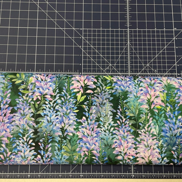 Wisteria Hoffman California Fabric - Blue Lavender on Dark green background - S4813- Priced by the 1/2 yard