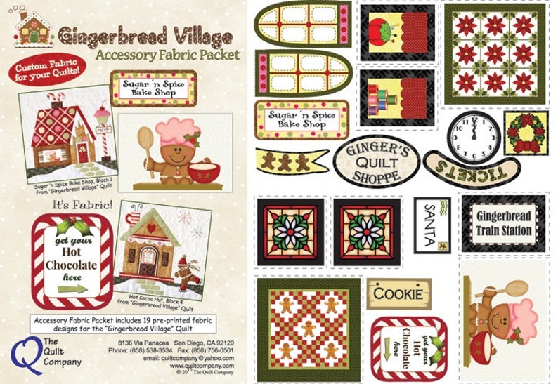 The Quilt Company Gingerbread Village Applique Fabric Accessory Pack Signs printed on fabric image 1