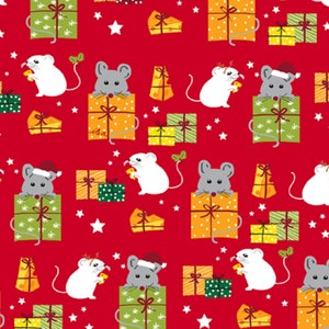 May include: Red wrapping paper with a repeating pattern of mice holding presents, cheese, and stars. The mice are wearing Santa hats and some are holding a piece of cheese.