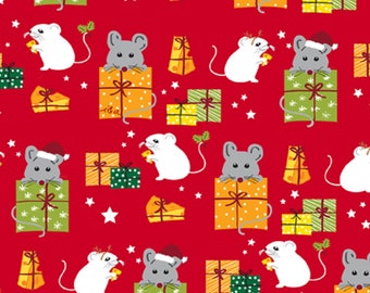 Meowy Christmas Fabric - Mice Packages on Red Background - QT Fabrics - Priced by the  1/2 Yard - Cut in 1 piece for 1 yard or more