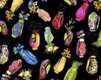 Golf Bag Fabric / Golf Happy, You Go Girl Golf Happy Tossed Bags on Black- Priced By the Half Yard