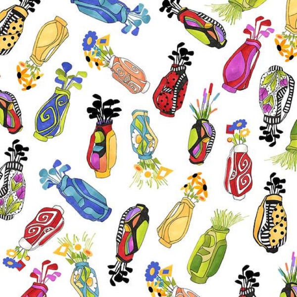 Golf Bag Fabric / Golf Happy, You Go Girl Golf Happy Tossed Bags on White - By the 1/2 Yard - Cut in 1 piece