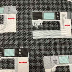Bernina Vintage Sewing Machine Fabric - Benartex - Black gray houndstooth Background - Priced by the 1/2 Yard - Cut continuously