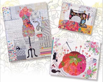 Laura Heine Fiberworks Teeny Tiny Collage Pattern: Sewing Machine, Dress Form, Pincushion