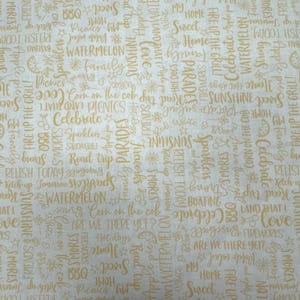 Red White & Bloom yellow and cream text words Summer Picnic Fourth of July Maywood fabric Kimberbell by the 1/2 yard cut continuously