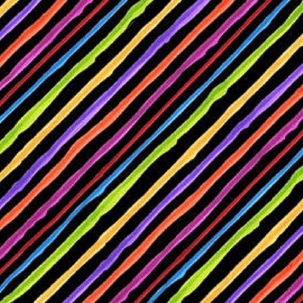 Loralie Diagonal Rainbow Stripes on Black Background Cotton Fabric - Priced By the 1/2 Yard cut continuously
