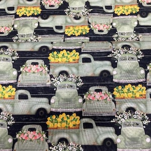 White Cottage Farm Fresh Trucks in Charcoal by Beth Albert for 3 Wishes Fabrics 100% Cotton Quilting Fabric - By the 1/2 yard
