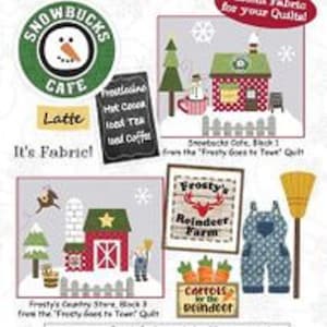 May include: A fabric packet for a quilt featuring a winter town theme. The packet includes 23 pre-designed fabric pieces for the "Frosty Goes to Town" quilt. The image shows a variety of designs, including a cafe, a farm, and a store. The text "Frosty Goes to Town" and "Accessory Fabric Packet" is visible on the image.
