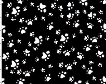 Loralie Designs - Cat & Dog Paw Prints White on Black - 692475 - Priced by the 1/2 yard