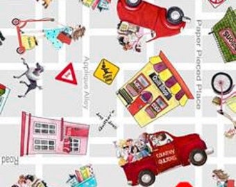 Desiree&#39;s Designs It&#39;s a Shop Hop Fabric Travel Print on Gray Background  QT Fabrics - Priced  by the 1/2 Yard - Cute!