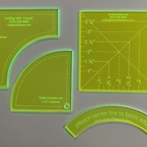 May include: A collection of neon green quilting templates with curved and straight edges. The templates include measurements in inches and the text "Quilting With Charlie" and "QuiltersHaven.net".