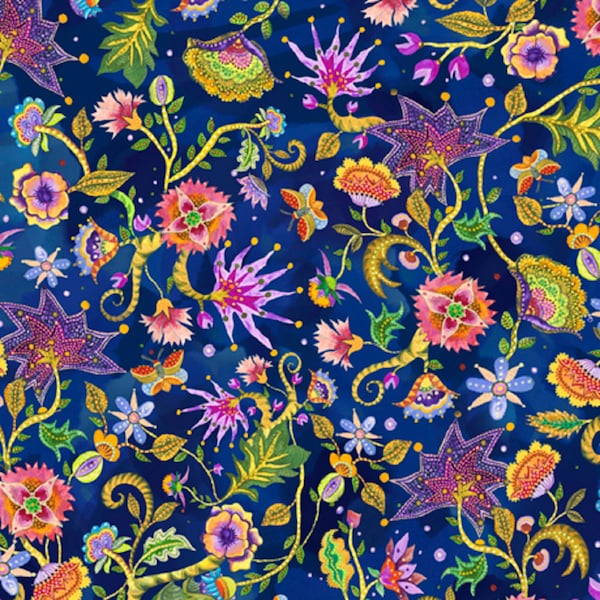 QT Fabrics - Colorful Chameleons - Navy Floral Fabric - 29177N - Priced by the 1/2 yard