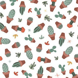 May include: A seamless pattern featuring various cacti in terracotta pots on a white background. The cacti are in different shapes and sizes, with some having red flowers. The pattern is perfect for adding a touch of nature to any design project.