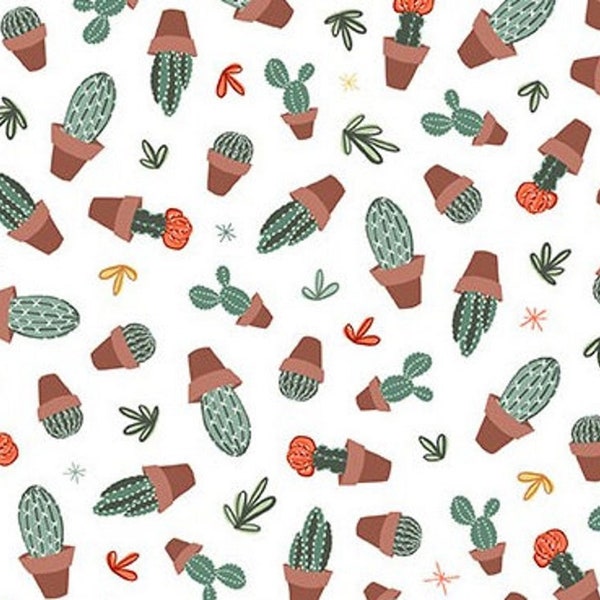 Cactus Fabric in Terra Cotta Pots Michael Miller - Looking Sharp - DC9387 on White Background - Priced by the 1/2 yard -