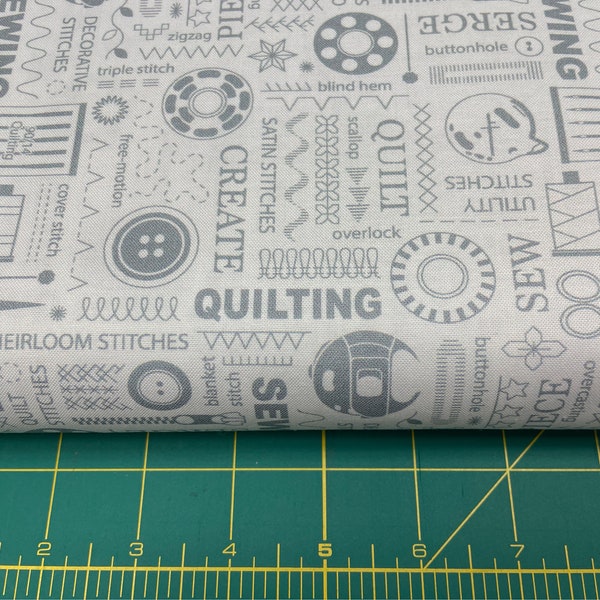 Sewing Words Sewing Room Fabric - Benartex Stitches Cloud - Light Gray on white Background - Priced by the 1/2 Yard - Cut continuously