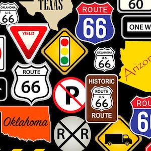 Route 66 Road Travel  Signs Fabric - QT Fabrics - on Black Background - Priced by the half yard cut continuously