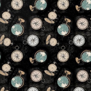 May include: A seamless pattern featuring a repeating design of globes, compasses, and pocket watches. The pattern is set against a dark background with a distressed, vintage look. The globes are blue and green, the compasses are white with black accents, and the pocket watches are gold with black hands.