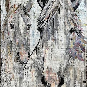 May include: A close-up of two horses' heads, one white and one gray, with a textured, collage-style background. The horses' faces are partially obscured by the background, but their eyes and noses are visible.