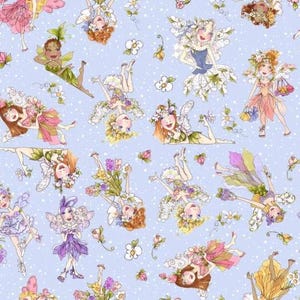 Loralie Tossed Fairies - Fairy Fabric on Blue - Priced by the 1/2 yard