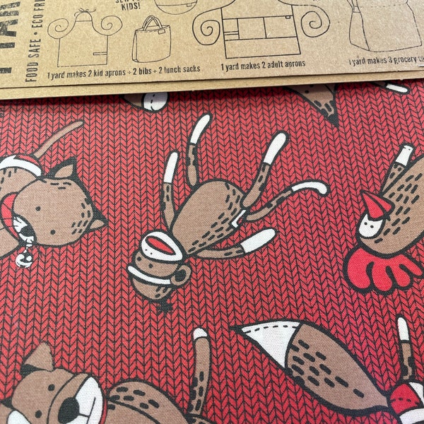 Arthur Leslie Laminated Cotton Fabric - Sock Monkey - Fox and Kitty 58" wide by 1 yard (36") - will make 2 adult aprons -Cherry Red