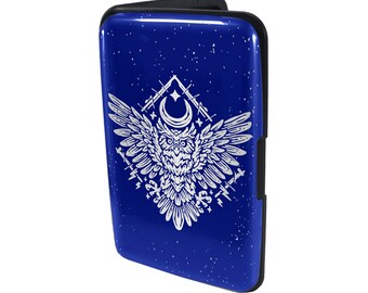 Porte-cartes en métal avec étui de poche - Blocage RFID - Chouette lunaire