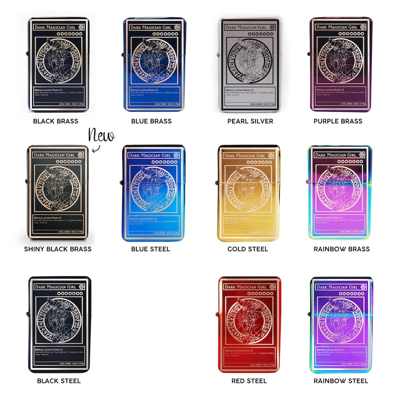May include: A collection of nine different colored lighters, each featuring a Dark Magician Girl card design. The lighters are made of brass and steel, with various finishes including black, blue, gold, pearl, purple, rainbow, red, and shiny black.