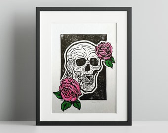 Skull and Rose Handmade Lino Cut Print - Pink
