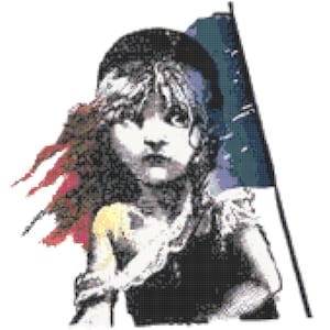 以下が含まれることがあります： 青いベレー帽をかぶり、青、白、赤の旗を持った赤い髪の若い女の子の白黒のイラスト。女の子は深刻な表情をしています。