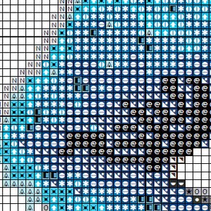 May include: A blue and white cross stitch pattern with a variety of symbols, including circles, stars, and arrows. The pattern is designed to be stitched on a white background.