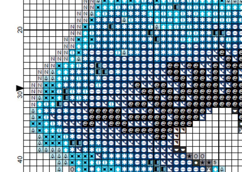 May include: A blue and white cross stitch pattern with a variety of symbols, including circles, stars, and arrows. The pattern is designed to be stitched on a white background.