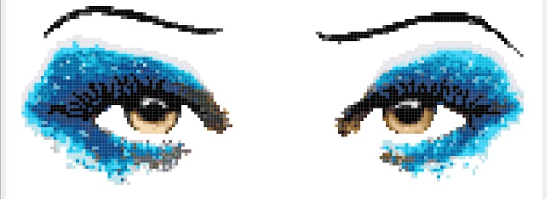 May include: Close-up of two blue and white glittery eyes with black eyelashes and brown irises.