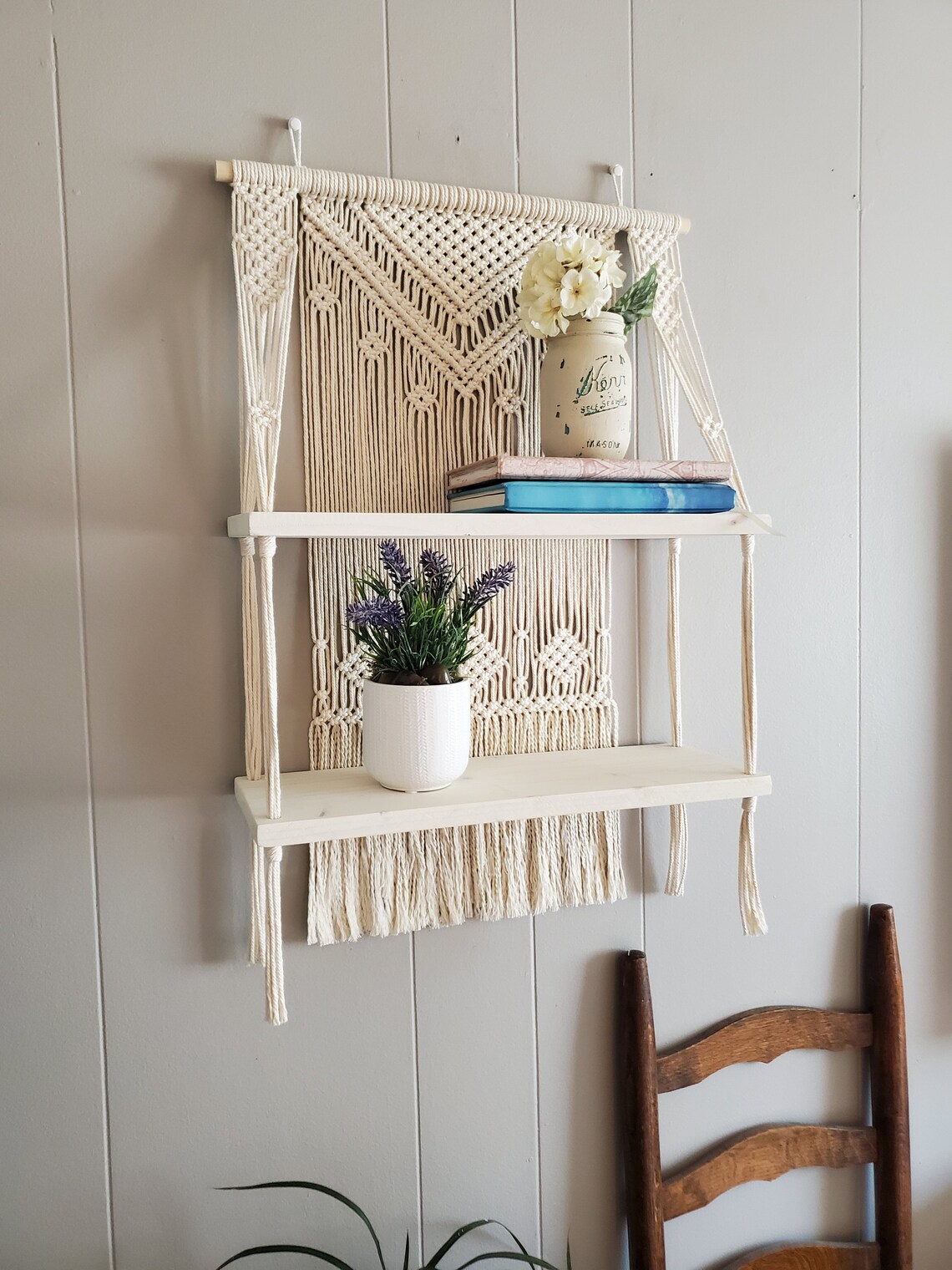 Macrame hanging shelf / Macrame double shelf / macrame wall Etsy