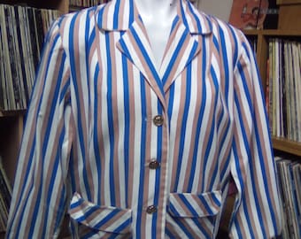 60s/70s Eaton Boating Style Ladies Jacket, Classic Striped Cotton, Gold Metallic Button  Fasten, Patch Pockets, Jacket, Ideal Mod Jacket