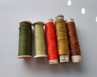 Könnte beinhalten: Fünf Garnrollen in verschiedenen Farben, darunter Grün, Hellgrün, Orange, Gold und Braun. Die Spulen sind mit dem Markennamen "Fly" und dem Text "Col. No. 00" beschriftet.