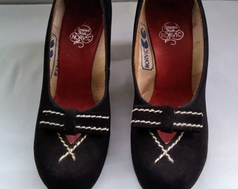 1942 Original CC41 Black Suede Round Toe Slip On Shoes, Pretty Cut Out Diamond Pattern Bow Fronted With Top Stitch Detail, Low Heeled Pumps.