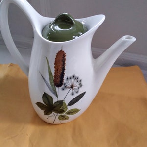 Könnte beinhalten: Weiße Teekanne aus Keramik mit grünem Deckel und einem Blumendesign mit braunen, grünen und weißen Blättern und Blüten.