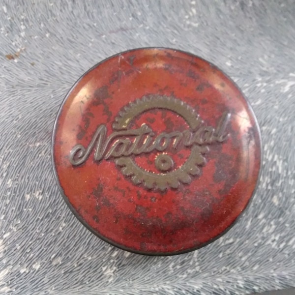 1960s Round Red Advertising Tin, Embossed Lid, Metallic "National" Typewriter Ribbon Tin, Suitable Candle Making, Herbs, Spices, Craft Tin.