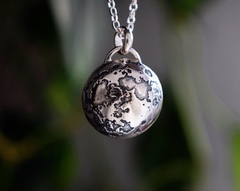 Full moon etched eco sterling silver pendant