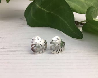 Sterling eco silver monstera cheese plant vegan studs earrings