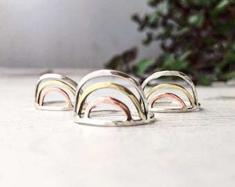 Rainbow mixed metal eco sterling silver copper brass sunburst midi ring.